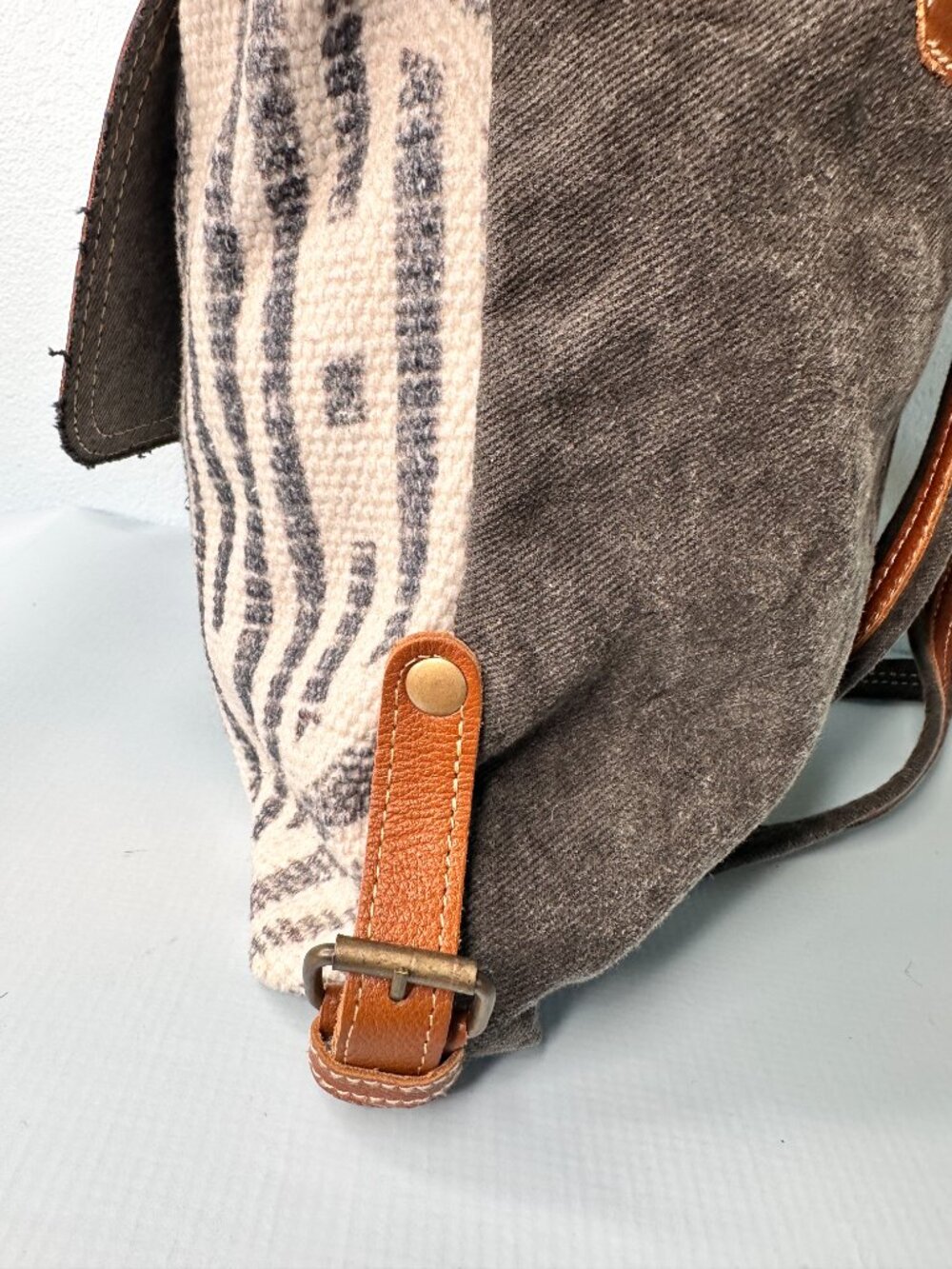 Myra Bag Tooled Leather Canvas Backpack Brown White Gray Embossed Floral - Picture 4 of 11